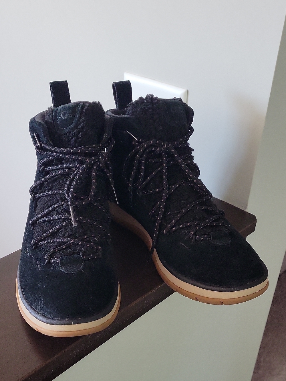 UGG Black Suede Lace-Up Ankle Boots with Tan Rubber Sole